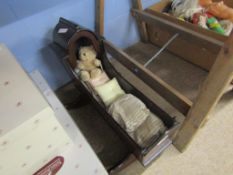 Wooden Dolls Crib, together with contents viz cushions, small Bear, etc