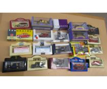 Box containing miscellaneous die-cast model horse carts, tin plate 0-gauge railway locomotive tender