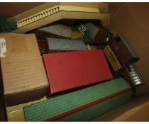 Box containing a good quantity of early Hornby 0 gauge tin plate rolling stock and track side