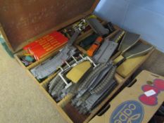 Wooden box containing a large assortment of 1960s Tri-ang 00 gauge model railway including