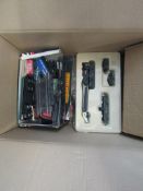 Box containing a quantity of Hornby 00 gauge track, rolling stock and accessories, together with