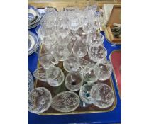 TRAY CONTAINING MIXED GLASS WARES, WINE GLASSES, CUT GLASS TUMBLERS, HOCK GLASSES ETC