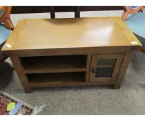 MODERN LIGHT OAK TV STAND WITH OPEN SHELF AND SINGLE GLAZED DOOR