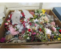 BOX CONTAINING A QUANTITY OF FAKE FLOWER DECORATIONS ETC