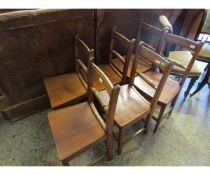 SET OF SIX OAK FRAMED ELM HARD SEATED DINING CHAIRS WITH ROPE TWIST BACK ON SQUARE FRONT LEGS