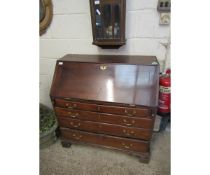 LATE 18TH CENTURY MAHOGANY BUREAU WITH FOUR FULL WIDTH DRAWERS WITH SWAN NECK HANDLES