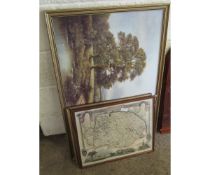 FRAMED PRINT OF A LANDSCAPE SCENE, A FURTHER REPRODUCTION MAP OF NORFOLK ETC