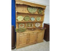 GOOD QUALITY WAXED PINE KITCHEN DRESSER FITTED WITH TWO FIXED SHELVES WITH PANELLED BACK WITH