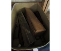 BOX CONTAINING PERSPEX PARALLEL RULE, SPOKE SHAVE, VINTAGE TOOLS ETC