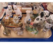 TRAY CONTAINING AN INDIAN HAND BELL, STAFFORDSHIRE TYPE ORNAMENTS TO INCLUDE CATS, DOG ETC,