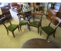 SET OF THREE VICTORIAN BALLOON BACK DINING CHAIRS WITH GREEN UPHOLSTERY, TOGETHER WITH SIMILAR