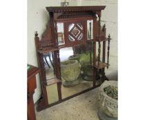 EDWARDIAN WALNUT OVERMANTEL MIRROR WITH OPEN SHELF WITH TURNED SUPPORTS