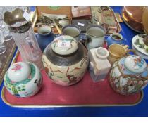 TRAY CONTAINING MIXED ORIENTAL GINGER JARS, STERLING SILVER RIMMED CLARET JUG (A/F) ETC