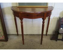 YEW WOOD DEMI-LUNE SIDE TABLE WITH LEATHER TOP ON REEDED LEGS