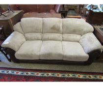 BROWN LEATHER AND CORDUROY UPHOLSTERED THREE-SEATER SOFA