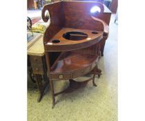 LATE 18TH CENTURY MAHOGANY TWO-TIER CORNER WASH STAND, SCROLL PEDIMENT OVER A FITTED UPPER SHELF,