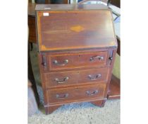 SMALL PROPORTIONED EDWARDIAN MAHOGANY AND SATINWOOD INLAID BUREAU FITTED WITH THREE FULL WIDTH