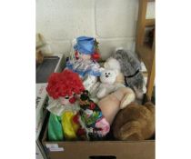 BOX CONTAINING MIXED SOFT TOYS, TEDDY BEARS, CLOWNS ETC