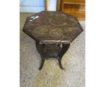 EARLY 20TH CENTURY HEAVILY CARVED FLORAL TOP TWO TIER HEXAGONAL SIDE TABLE