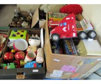 TWO BOXES OF MIXED CHILDREN S PLASTIC TOYS, LORRIES ETC, TOGETHER WITH FURTHER BOX OF MIXED CHILDREN