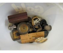 PLASTIC TUB CONTAINING ASSORTED CAP BADGES, ACME CITY WHISTLE, THIMBLES ETC