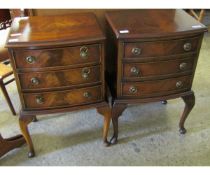 PAIR OF REPRODUCTION MAHOGANY THREE FULL WIDTH DRAWER BEDSIDE CHESTS RAISED ON PAD FEET