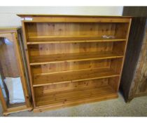 STAINED PINE FRAMED OPEN FRONTED THREE FIXED SHELF BOOKCASE WITH PANEL BACK