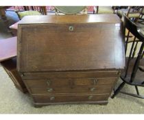 18TH CENTURY OAK BUREAU, FALL FRONT ENCLOSING PARTIALLY FITTED INTERIOR WITH WELL OVER TWO SHORT AND