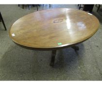 VICTORIAN WALNUT OVAL COFFEE TABLE IN INLAID DETAIL ON A SPLAYED QUATREFOIL BASE