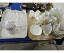 TWO TRAYS CONTAINING TEA WARES, DELPHINE CONICAL FLOWER TEA POT, CUPS, SAUCERS, STUART GLASS WARES