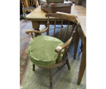 BEECHWOOD FRAMED STICK BACK CIRCULAR HARD SEATED ARMCHAIR WITH GREEN UPHOLSTERY