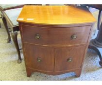 MAHOGANY SMALL BOW FRONTED SIDE CHEST WITH SINGLE DRAWER WITH TWO CUPBOARD DOORS WITH RINGLET