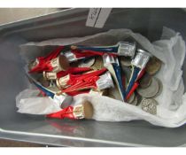 BOX CONTAINING MIXED COINAGE, LEAD PAINTED AND FLAG MOUNTED DRUMS ETC