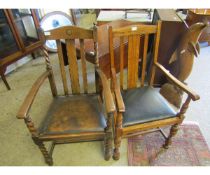 TWO OAK FRAMED CARVER CHAIRS WITH SPLAT BACK AND LEATHER SEATS, ONE WITH BARLEY TWIST TURNINGS (2)