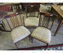 SET OF FIVE EDWARDIAN MAHOGANY AND SATINWOOD BANDED DINING CHAIRS WITH FLORAL UPHOLSTERED SEATS