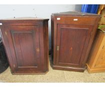 TWO 19TH CENTURY OAK SINGLE DOOR CORNER CUPBOARDS, ONE WITH INLAID DETAIL