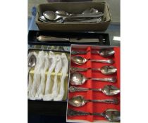 FOUR BOXES OF MIXED SILVER PLATED FLATWARES ETC