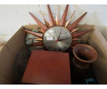 METAMEC TEAK AND BRASS MOUNTED WALL CLOCK, TEAK FRAMED STORAGE BOX, VASE ETC