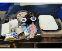 TWO BOXES OF MIXED CAST IRON SCALES AND WEIGHTS, KNIVES AND FORKS, STORAGE BOXES, A HARP ASHTRAY ETC