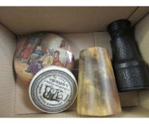 BOX CONTAINING TWO POT LIDS, HORN BEAKER AND MONOCULAR