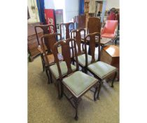 HARLEQUIN SET OF SIX WALNUT SPLAT BACK DINING CHAIRS WITH DROP IN SEATS AND PAD FRONT FEET