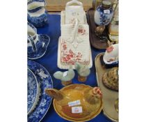 TWO VICTORIAN CHEESE DISHES, TWO COCKEREL TYPE ORNAMENTS AND A FURTHER EGG CROCK (5)