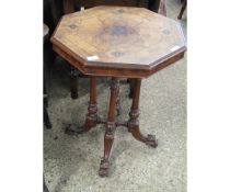 VICTORIAN WALNUT HEXAGONAL TOP SIDE TABLE ON FOUR TURNED COLUMNS AND A CARVED QUATREFOIL BASE