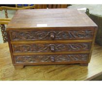 EASTERN HARDWOOD TABLE TOP THREE DRAWER CHEST WITH CARVED FRONTS