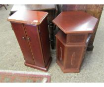 TEAK FRAMED HEXAGONAL SIDE CABINET TOGETHER WITH A FURTHER TWO-DOOR CD RACK (2)