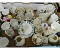 BOX CONTAINING MIXED COMMEMORATIVE MUGS, STAFFORDSHIRE COTTAGE ETC