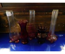 THREE ASSORTED CLEAR AND CRANBERRY GLASS SPILL VASES TOGETHER WITH TWO RUBY GLASS SQUAT VASES