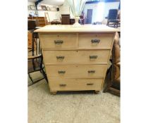 BLEACHED PINE STRAIGHT FRONTED TWO OVER THREE FULL WIDTH DRAWER CHEST ON TURNED FEET WITH BRASS CAST