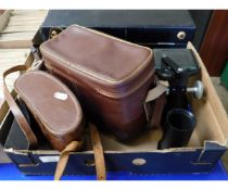 BOX CONTAINING BINOCULARS, WATSON BARNET MICROSCOPE STAND, PRAKTICA CAMERA ETC