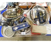 TRAY CONTAINING MIXED SILVER PLATED WARES, SOUVENIR SPOONS, SALAD BOWL ETC